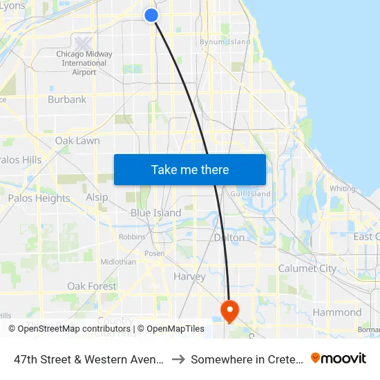 47th Street & Western Avenue (East) to Somewhere in Crete Illinois map