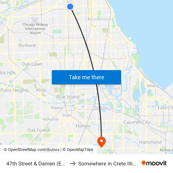47th Street & Damen (East) to Somewhere in Crete Illinois map