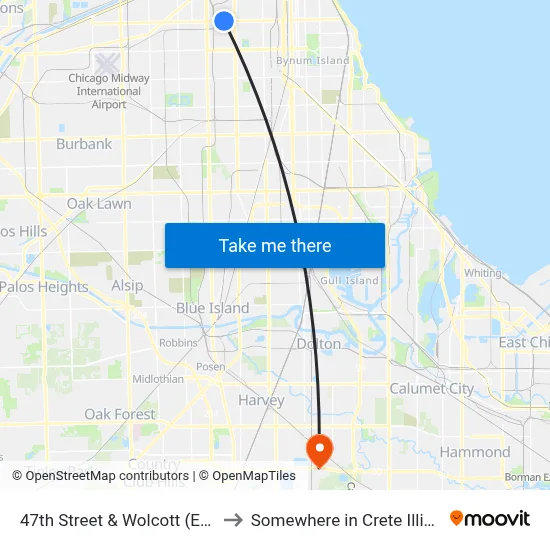 47th Street & Wolcott (East) to Somewhere in Crete Illinois map