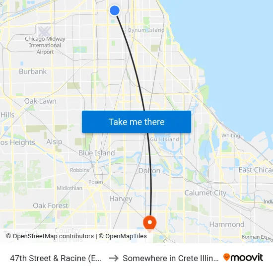 47th Street & Racine (East) to Somewhere in Crete Illinois map