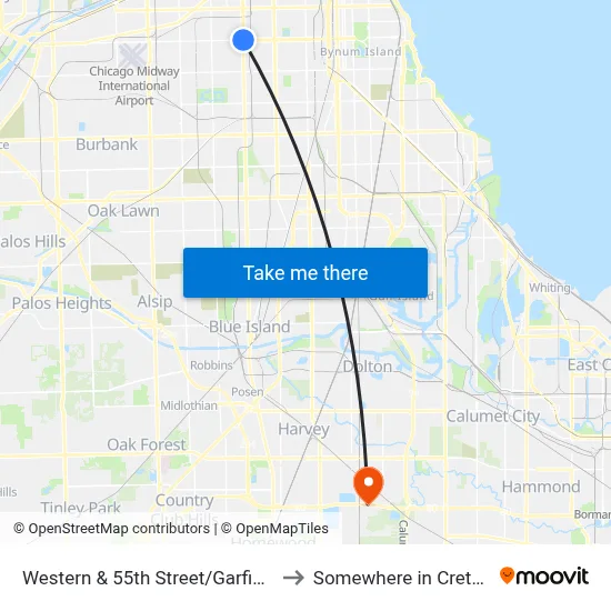 Western & 55th Street/Garfield (South) to Somewhere in Crete Illinois map