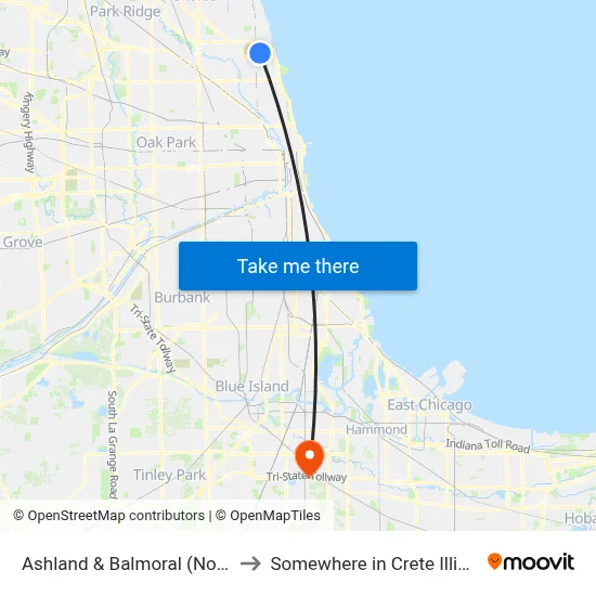 Ashland & Balmoral (North) to Somewhere in Crete Illinois map