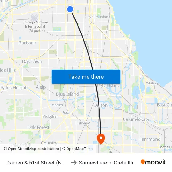 Damen & 51st Street (North) to Somewhere in Crete Illinois map