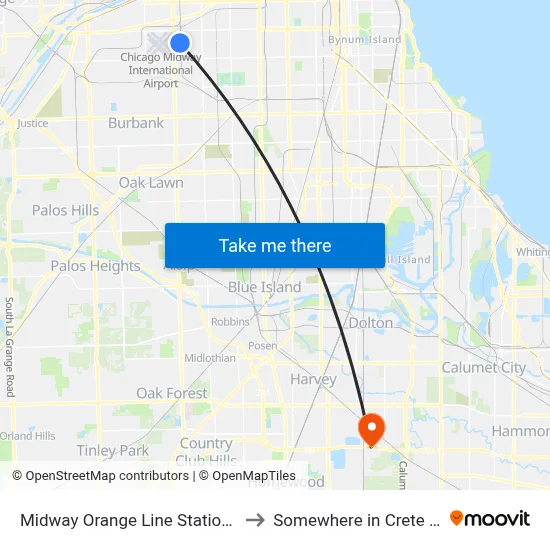 Midway Orange Line Station (West) to Somewhere in Crete Illinois map