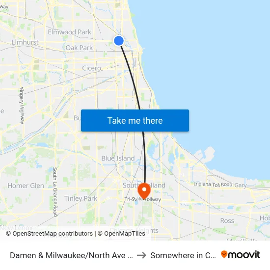 Damen & Milwaukee/North Ave (Blue Line) (North) to Somewhere in Crete Illinois map