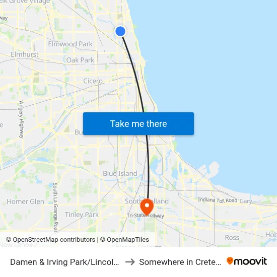 Damen & Irving Park/Lincoln (North) to Somewhere in Crete Illinois map