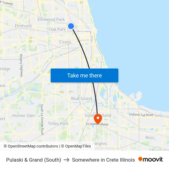 Pulaski & Grand (South) to Somewhere in Crete Illinois map