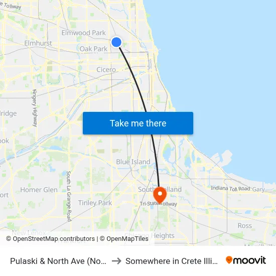 Pulaski & North Ave (North) to Somewhere in Crete Illinois map