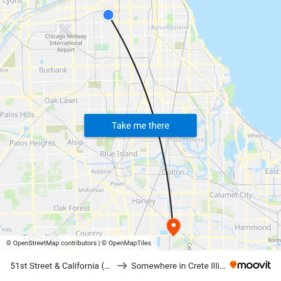 51st Street & California (East) to Somewhere in Crete Illinois map