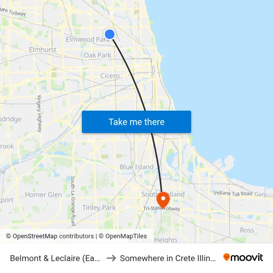Belmont & Leclaire (East) to Somewhere in Crete Illinois map