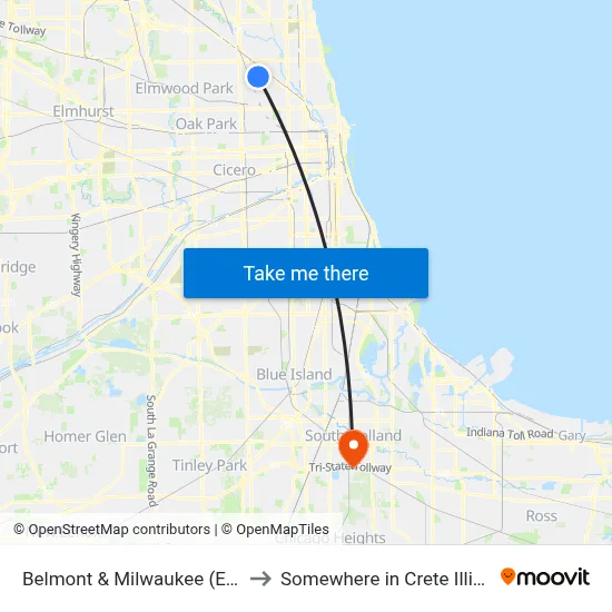 Belmont & Milwaukee (East) to Somewhere in Crete Illinois map
