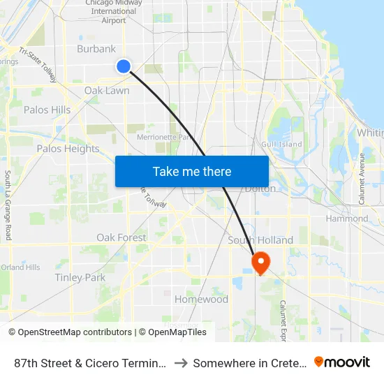 87th Street & Cicero Terminal (West) to Somewhere in Crete Illinois map