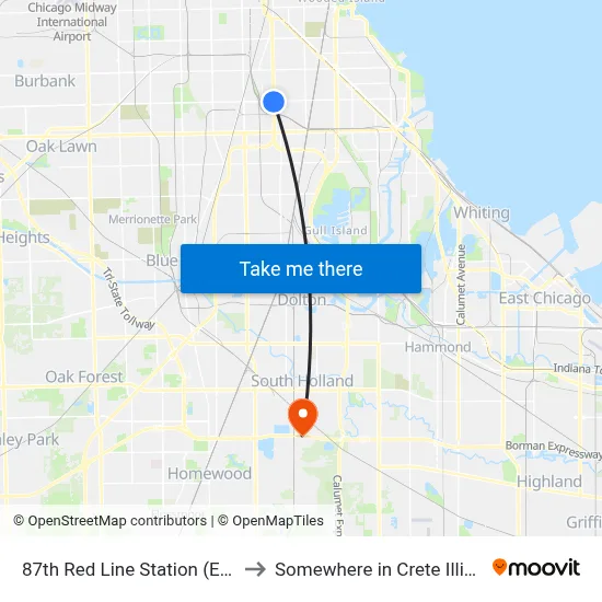 87th Red Line Station (East) to Somewhere in Crete Illinois map