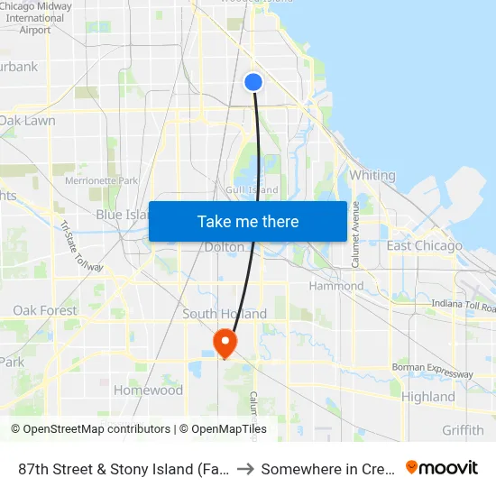 87th Street & Stony Island (Farside) (East) to Somewhere in Crete Illinois map