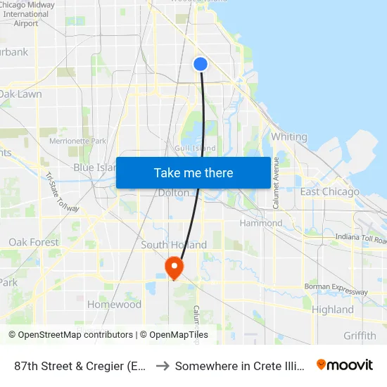 87th Street & Cregier (East) to Somewhere in Crete Illinois map