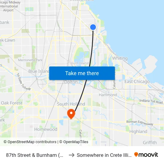 87th Street & Burnham (West) to Somewhere in Crete Illinois map