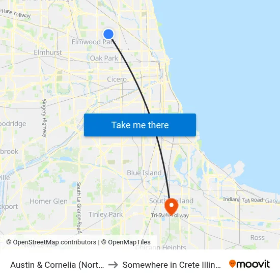 Austin & Cornelia (North) to Somewhere in Crete Illinois map