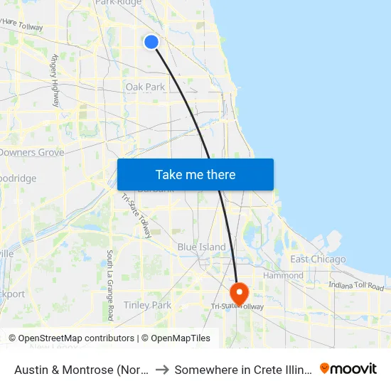 Austin & Montrose (North) to Somewhere in Crete Illinois map