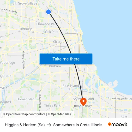 Higgins & Harlem (Se) to Somewhere in Crete Illinois map