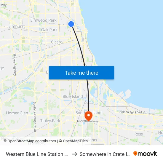 Western Blue Line Station (North) to Somewhere in Crete Illinois map