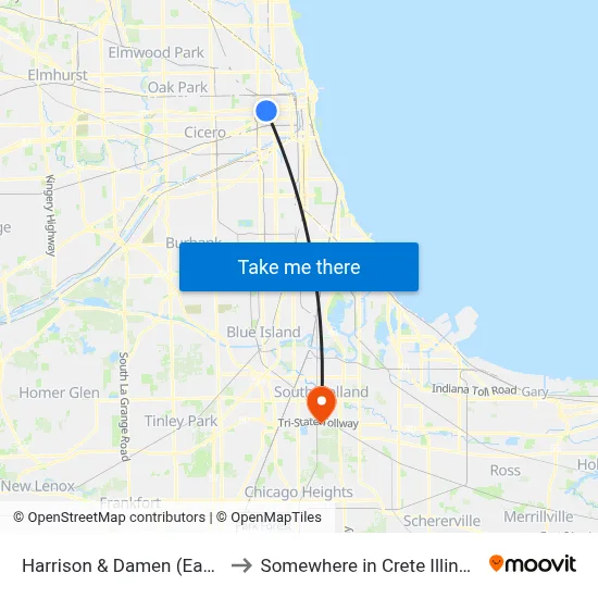 Harrison & Damen (East) to Somewhere in Crete Illinois map