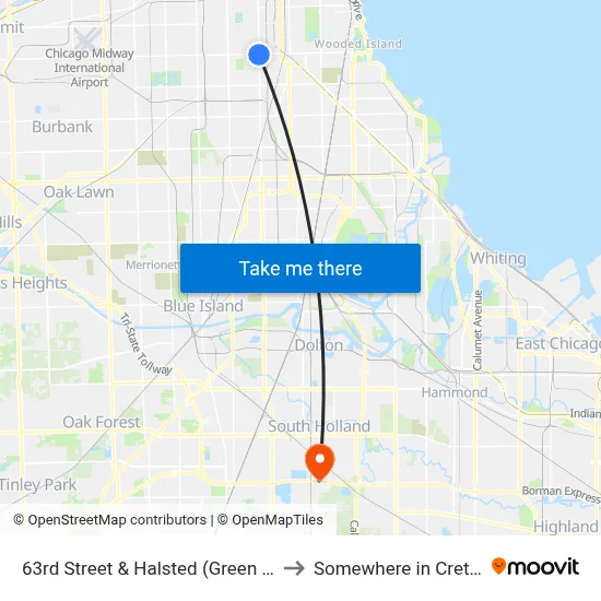 63rd Street & Halsted (Green Line) (East) to Somewhere in Crete Illinois map