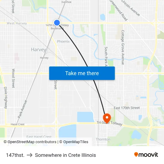 147thst. to Somewhere in Crete Illinois map
