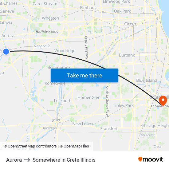 Aurora to Somewhere in Crete Illinois map