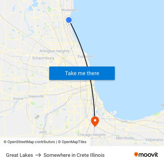 Great Lakes to Somewhere in Crete Illinois map