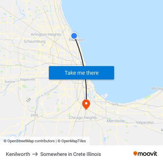 Kenilworth to Somewhere in Crete Illinois map