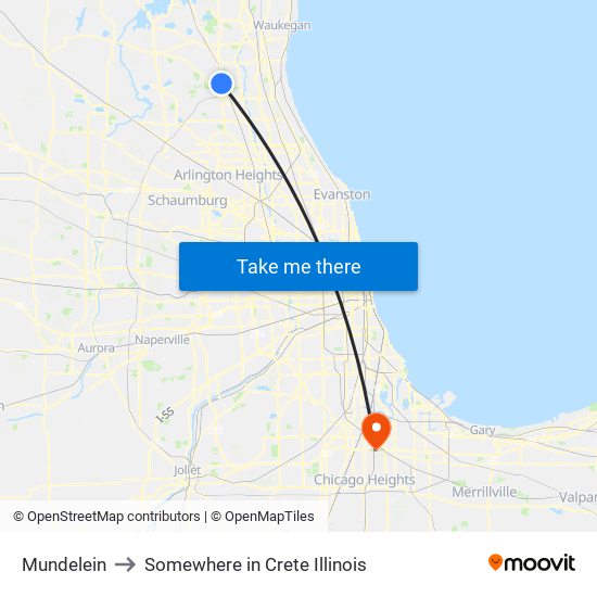 Mundelein to Somewhere in Crete Illinois map