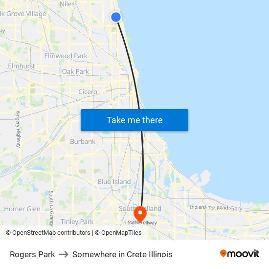 Rogers Park to Somewhere in Crete Illinois map