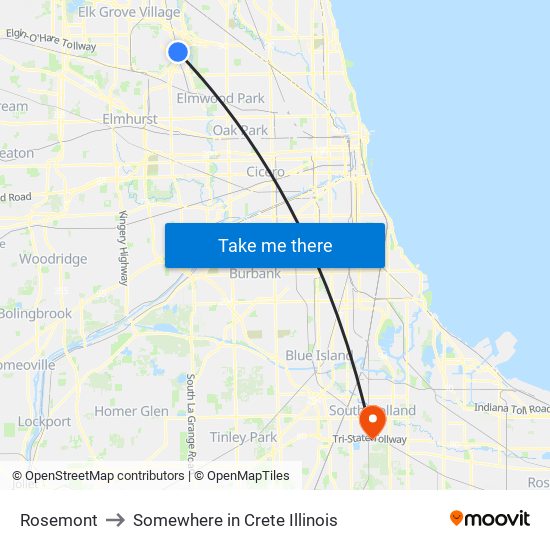 Rosemont to Somewhere in Crete Illinois map