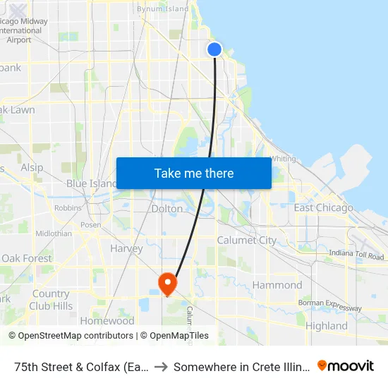 75th Street & Colfax (East) to Somewhere in Crete Illinois map
