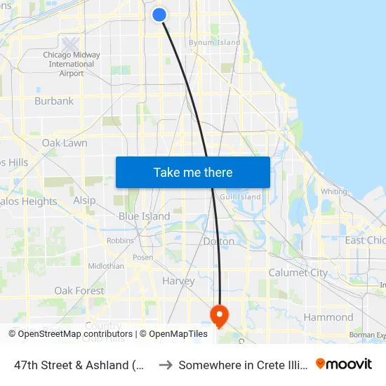 47th Street & Ashland (West) to Somewhere in Crete Illinois map