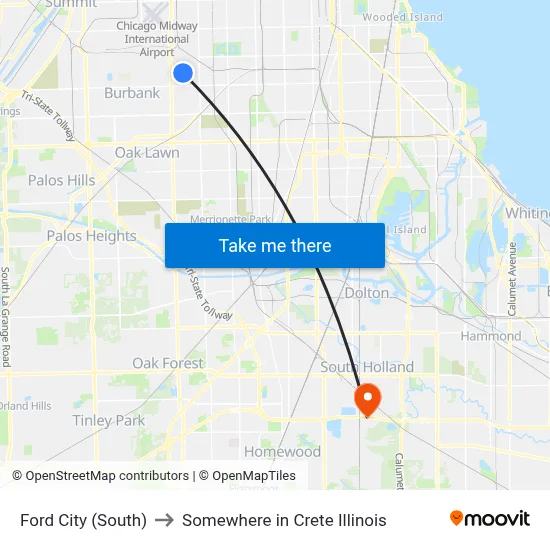Ford City (South) to Somewhere in Crete Illinois map