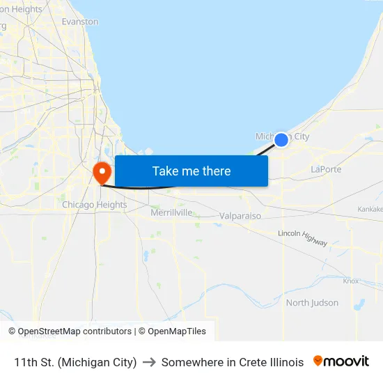 11th St. (Michigan City) to Somewhere in Crete Illinois map