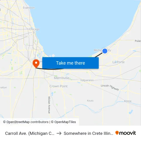 Carroll Ave. (Michigan City) to Somewhere in Crete Illinois map