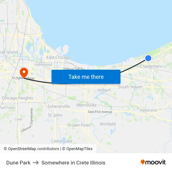 Dune Park to Somewhere in Crete Illinois map