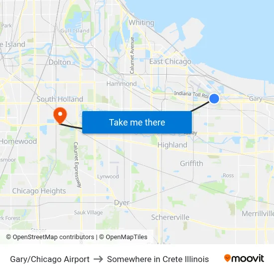 Gary/Chicago Airport to Somewhere in Crete Illinois map