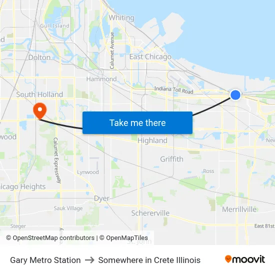 Gary Metro Station to Somewhere in Crete Illinois map