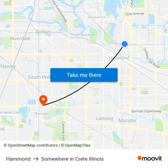 Hammond to Somewhere in Crete Illinois map