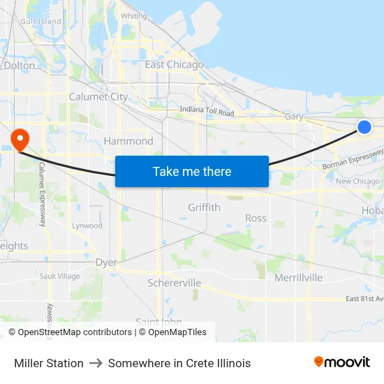 Miller Station to Somewhere in Crete Illinois map