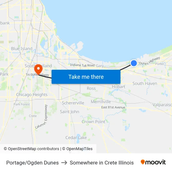 Portage/Ogden Dunes to Somewhere in Crete Illinois map