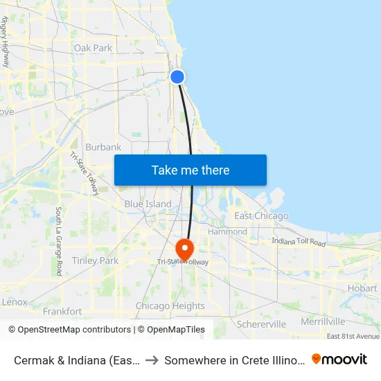 Cermak & Indiana (East) to Somewhere in Crete Illinois map
