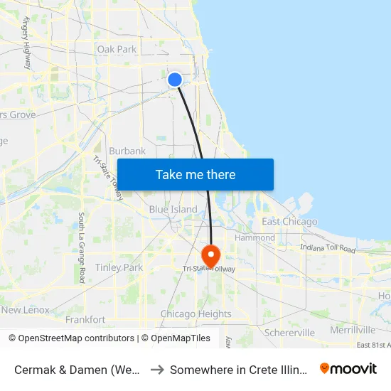 Cermak & Damen (West) to Somewhere in Crete Illinois map