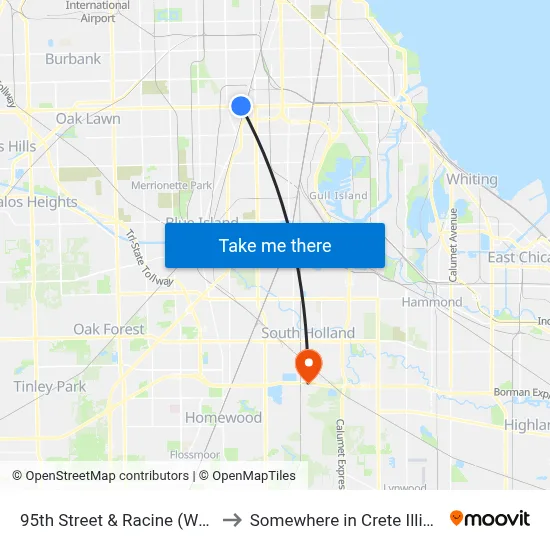 95th Street & Racine (West) to Somewhere in Crete Illinois map