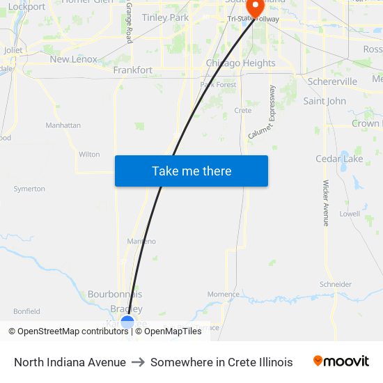 North Indiana Avenue to Somewhere in Crete Illinois map