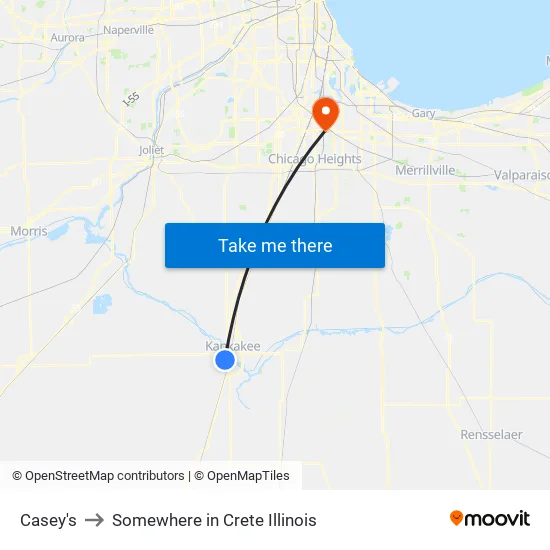 Casey's to Somewhere in Crete Illinois map