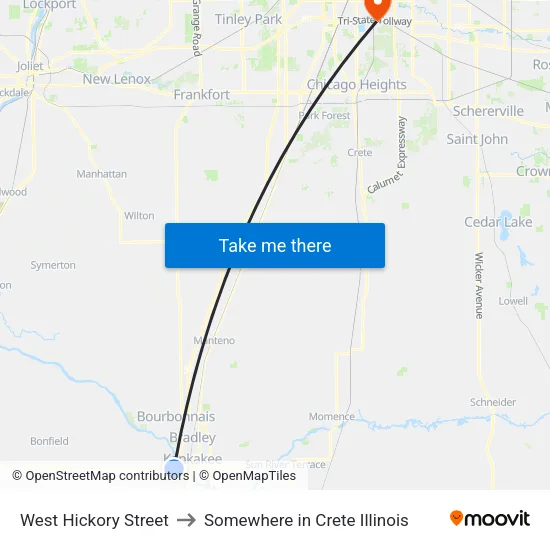 West Hickory Street to Somewhere in Crete Illinois map